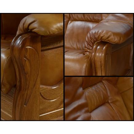 Sofa 3os skórzana DALLAS  / Sofa  / elementy dębowe / stelaż dębowy